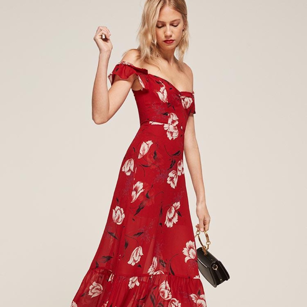 THE Reformation Tropica Off the Shoulder Dress in Red Floral! Size 6P